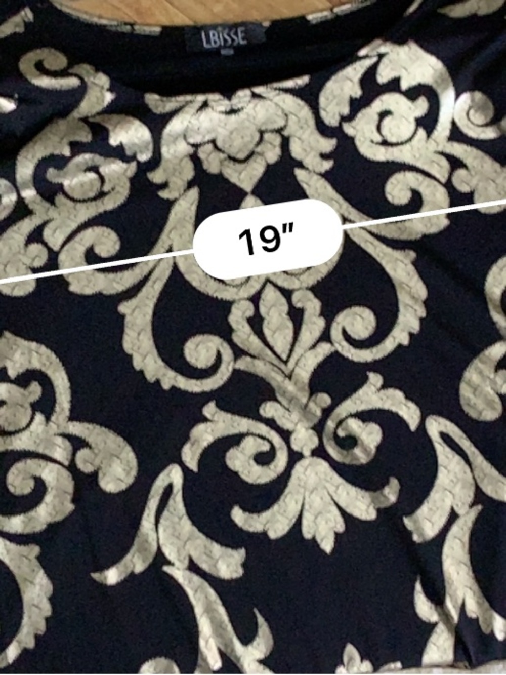 LBISSE Tunic Top XL Black Gold Baroque Metallic 3/4 Sleeve Handkerchief Hem - Picture 11 of 14